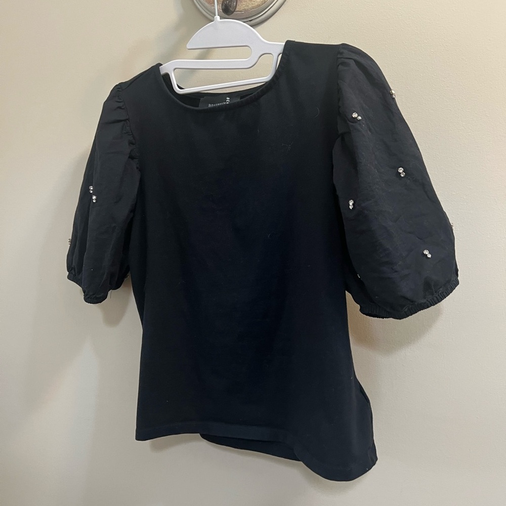 Broadway Black Puff Sleeve Top with Beaded Accents Size M